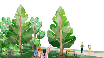 木々の多い自然公園の風景手書き水彩風イラスト
