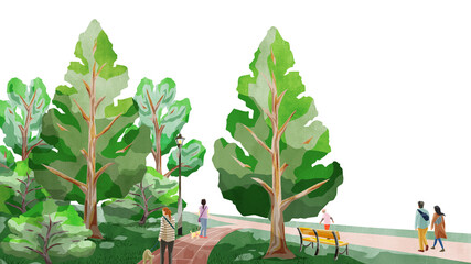木々の多い自然公園の風景手書き水彩風イラスト