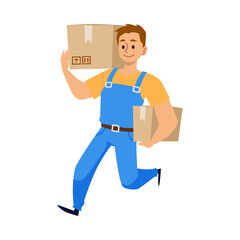 Moving delivery company employee with boxes flat vector illustration isolated.