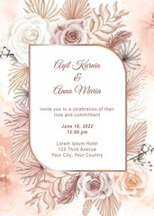 Fototapeta na wymiar Elegant Boho Engagement Rose Watercolor Wedding Invitation Template