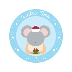 Round card with a cute mouse in a hat and a scarf with the words "Winter Time". Vector illustration for cards, invitations, stickers, t-shirts