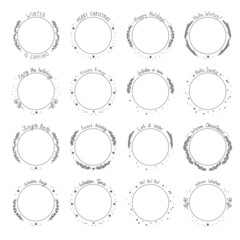 Collection of round frames with festive winter hand-drawn lettering. Decorative circular border templates for cards, labels and invitations. Vector illustration isolated on white background