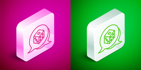 Isometric line Game dice icon isolated on pink and green background. Casino gambling. Silver square button. Vector