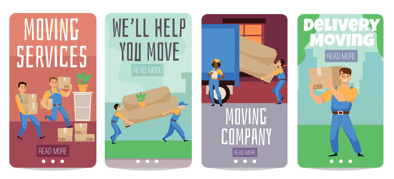 Moving delivery services online app vector layout cartoon style with movers characters