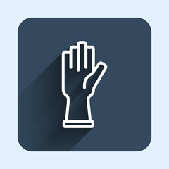 White line Protective gloves icon isolated with long shadow background. Blue square button. Vector