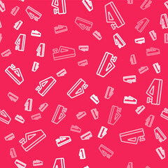 White line Wood plane tool for woodworker hand crafted icon isolated seamless pattern on red background. Jointer plane. Vector