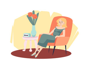 Young blonde woman sleeping in cozy armchair