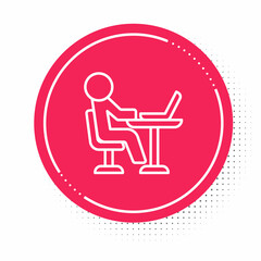 White line Freelancer icon isolated on white background. Freelancer man working on laptop at his house. Online working, distant job concept. Red circle button. Vector