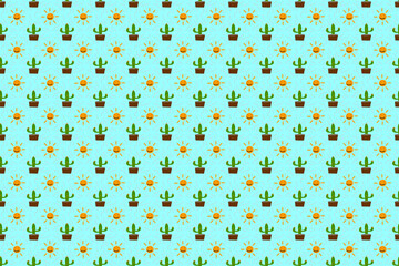 Cactus pattern wallpaper with sun seamless, light blue background.