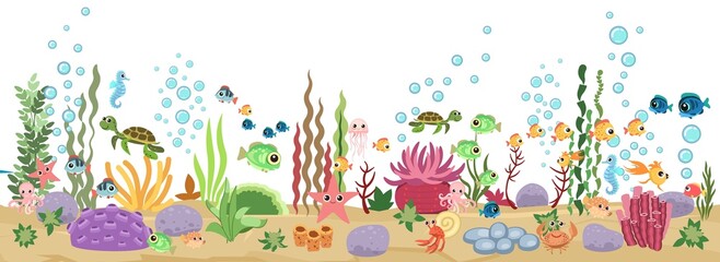 Bottom of reservoir with fish. Blue water. Isolated. Sea ocean. Underwater landscape with animals. plants, algae and corals. Cartoon style illusteration. Vector art