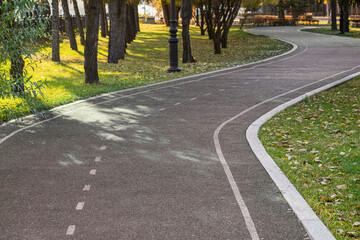 In a city park in early autumn. Winding bike path with markings