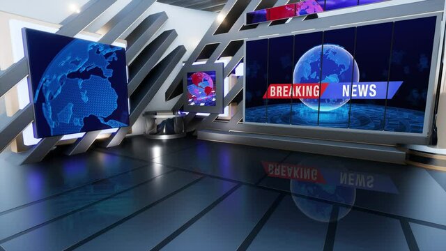 News TV Studio Set - Virtual Green Screen Background Loop motion footage, A green screen static image is included for easy editing_3D Rendering
