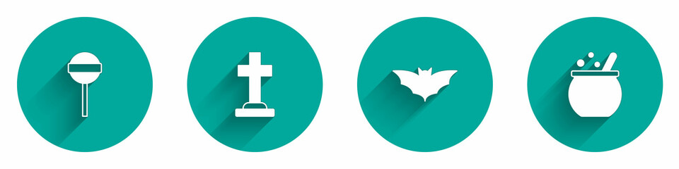 Fototapeta premium Set Lollipop, Tombstone with cross, Flying bat and Halloween witch cauldron icon with long shadow. Vector