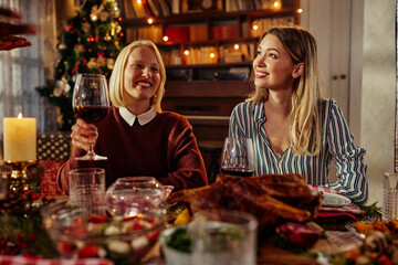 Female friends celebrating Christmas with red wine