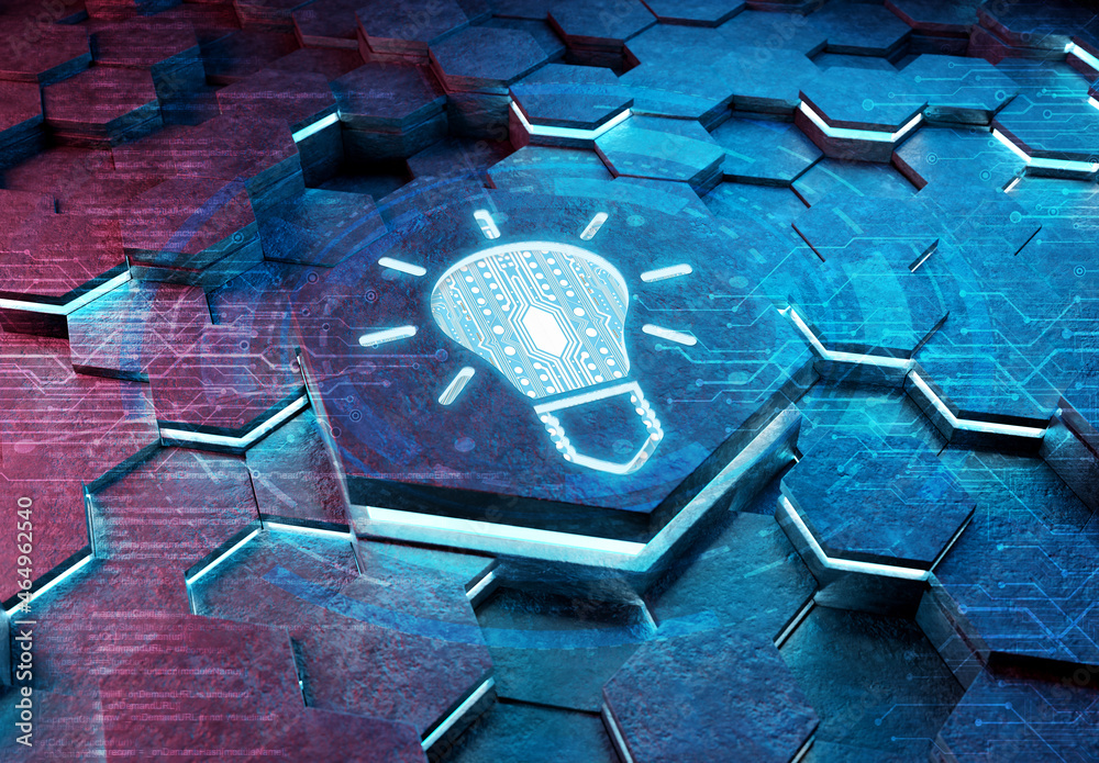 Aufkleber Lightbulb icon creativity concept engraved on metal hexagonal pedestral background. Innovation symbol glowing on abstract digital surface. 3d rendering