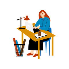 Young woman working at the laptop at home. Office worker.  Vector flat illustration
