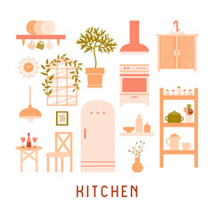Fototapeta na wymiar Collection of furniture on white background. Modern interior items for a kitchen: fridge, stove, dishes, sink, table, chair. Vector flat illustration