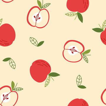 Seamless pattern with red apples and leaves. Simple vector flat illustration with fruits on a beige background 