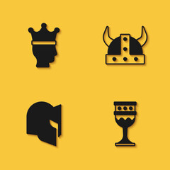 Fototapeta premium Set King crown, Medieval goblet, helmet and Viking horned icon with long shadow. Vector