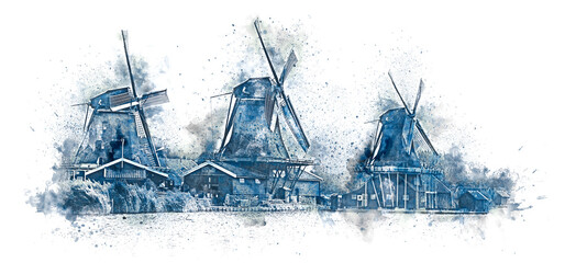 Windmills in the style of the popular Delft blue painting. Popular painting of Holland. Art image on a white background. Holland, Europe.