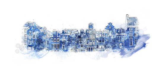 Old houses in the center of Amsterdam - watercolor style background isolated on white. Delft blue painting design. - 464963326