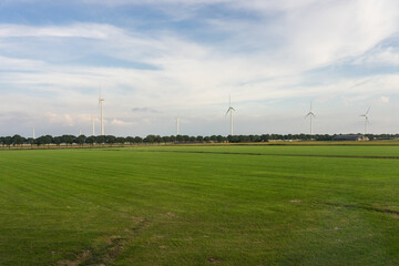 Antwerp, Belgium, a large green field with trees in the background windmills