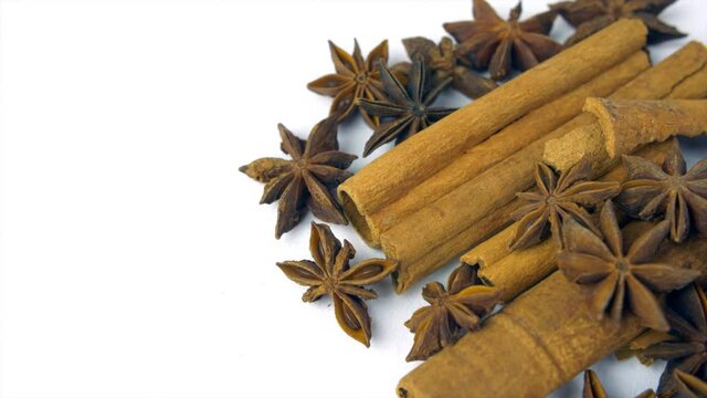 Exotic spices star anise and cinnamon kept on table. Aromatic spices star anise and Dal Chini kept together on a kitchen counter - Indian spices  cooking ingredients  flavorful