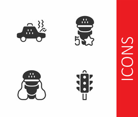 Naklejka premium Set Traffic light, Broken taxi car, Taxi driver and service rating icon. Vector
