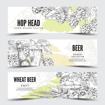 Set of horizontal banners or labels with hop, beer bottle and glass - vector illustration in sketch style.