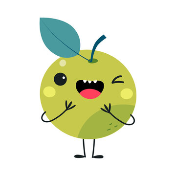 Funny Green Apple Fruit Character with Smiling Face and Arm Vector Illustration