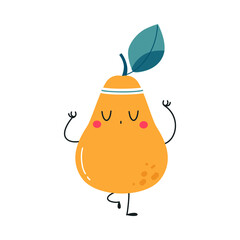 Funny Pear Fruit Character with Face and Arm Standing in Yoga Pose Vector Illustration