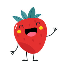 Funny Red Strawberry Fruit Character with Smiling Face and Arm Vector Illustration