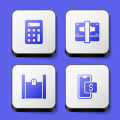 Set Calculator, Stacks paper money cash, Paper shopping bag and Mobile icon. White square button. Vector