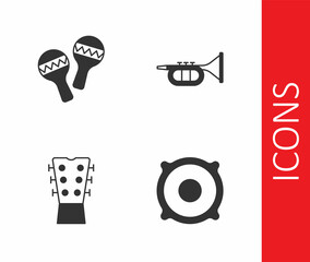 Set Stereo speaker, Maracas, Guitar neck and Trumpet icon. Vector