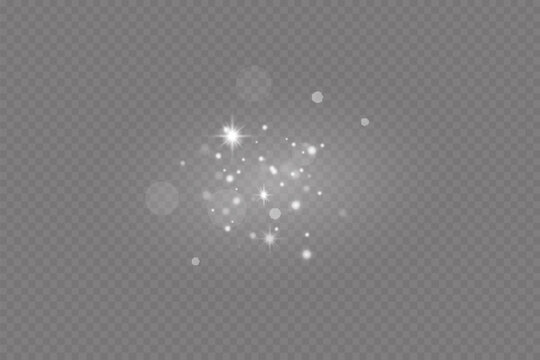Dust sparks and stars shine with a special light. Christmas light effect. Glittering particles of magic dust.Vector sparkles on a transparent background.