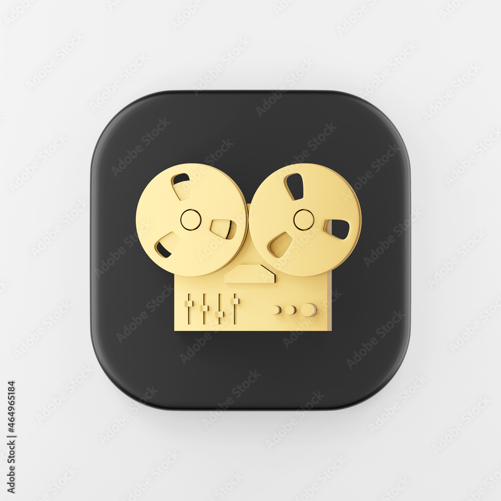 Poster golden bobbin tape recorder icon. 3d rendering black square button key, interface ui ux element.