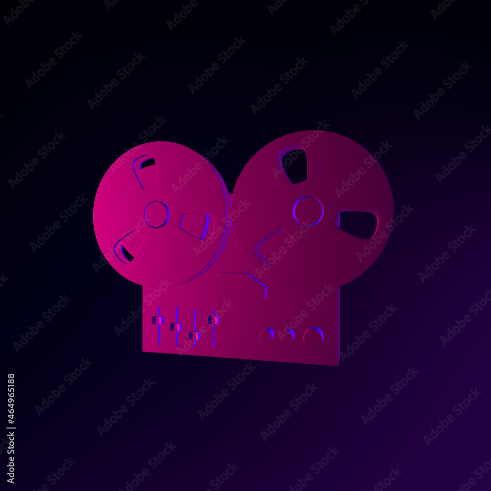 Poster neon bobbin tape recorder icon. 3d rendering ui ux interface element. dark glowing symbol.