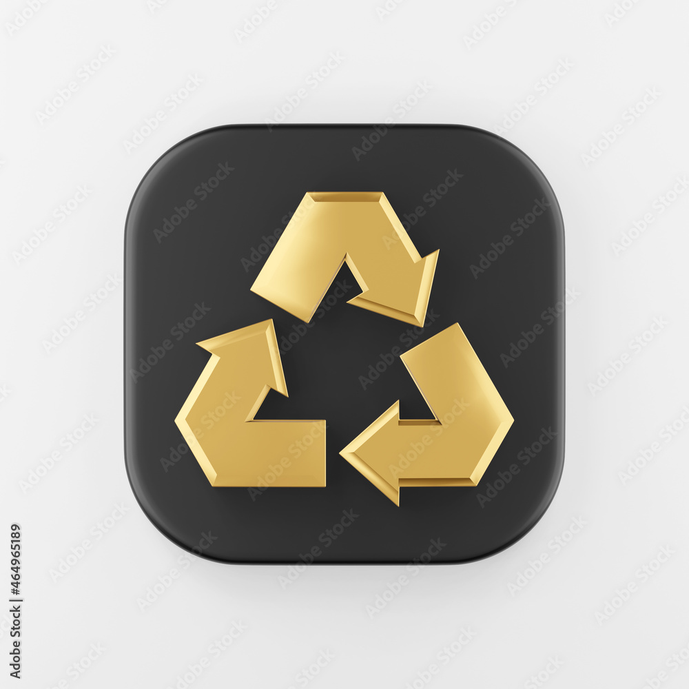 Poster recycling golden symbol icon. 3d rendering black square button key, interface ui ux element.