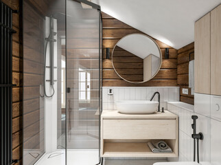 modern bathroom interior  in a wooden house    - 464965142