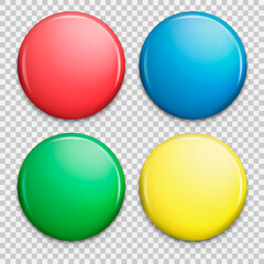 Set of colorful glossy badge or button. Realistic round plastic pin, emblem, label. Vector illustration.