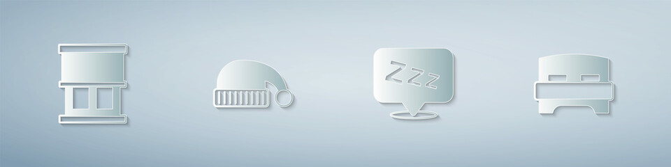 Set Window with curtains, Sleeping hat, Sleepy and Big bed. Paper art style. Vector