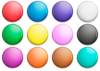 Set of colorful glossy badge or button. Realistic round plastic pin, emblem, label. Vector illustration.