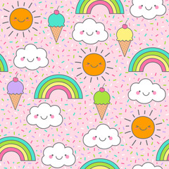 Cute cloud, sun, rainbow and ice cream seamless pattern with colorful sprinkles background.