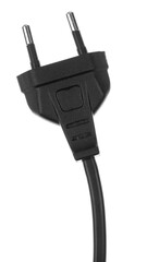 Electric European plug isolated on white background. Black power cable with plug. Power cord close-up