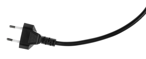 Electric European plug isolated on white background. Black power cable with plug. Power cord close-up