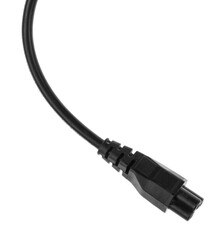 Electric European plug isolated on white background. Black power cable with plug. Power cord close-up