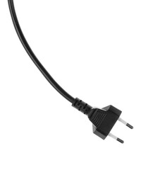 Electric European plug isolated on white background. Black power cable with plug. Power cord close-up