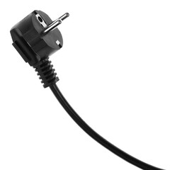 Electric European plug isolated on white background. Black power cable with plug. Power cord close-up