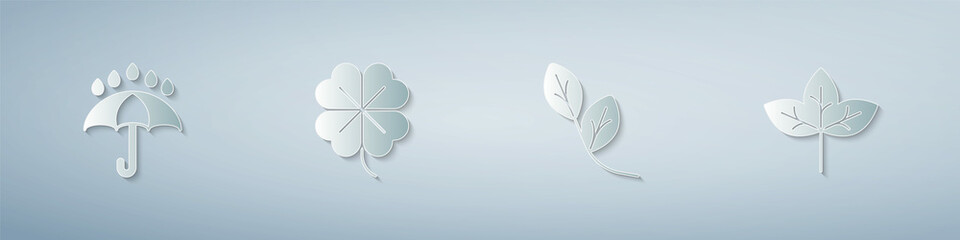 Set Umbrella and rain drops, Four leaf clover, Leaf and . Paper art style. Vector