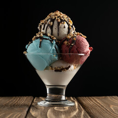 Ice cream with sauce and pistachio in a glass bowl